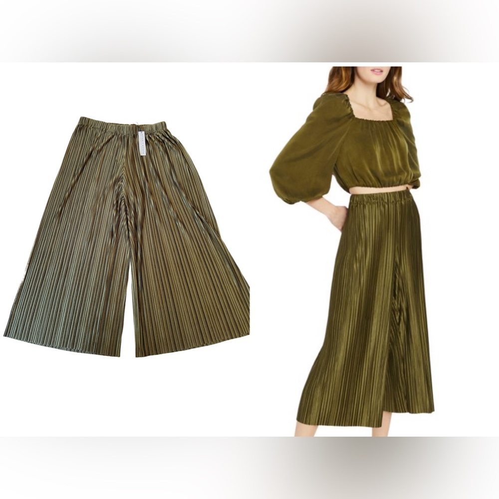NWT Alice+Olivia Elba Metallic Olive Green Wide-Leg Pants Size M